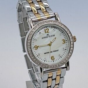 ANNE KLEIN Women's Pave Crystal Bezel MOP Dial Two-Tone Bracelet Watch